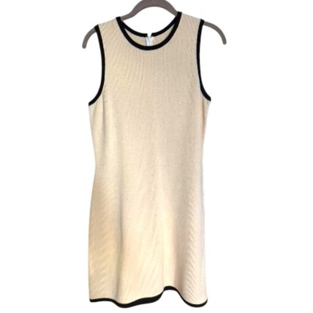 St John Collection Santana Knit Sleeveless Cream with Blk Trim Dress Sz 2 #05